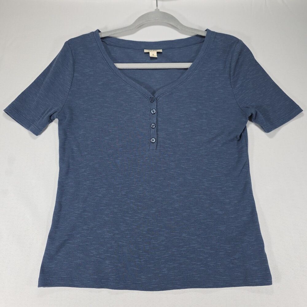 a.n.a Womens Medium Blue Ribbed Short Sleeve Henley Shirt Button Placket
